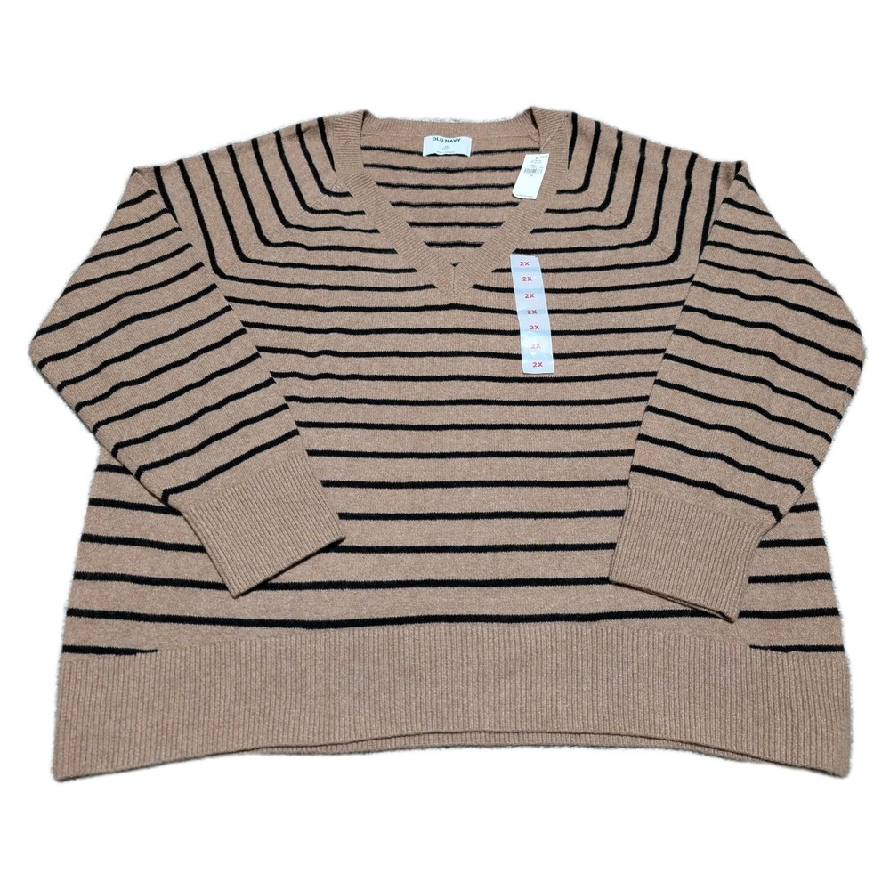 OLD NAVY SWEATER-XXL-Beige/Navy STRIPES-V‎ NECK-LONG SLEEVE NWT
